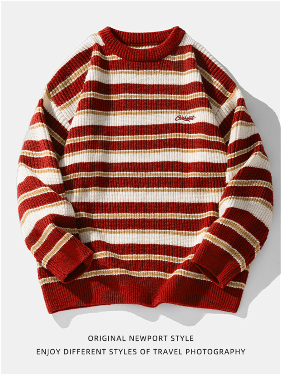 Liber Men's Autumn Hip Hop Striped Round Neck Long Sleeve Loose Sweater