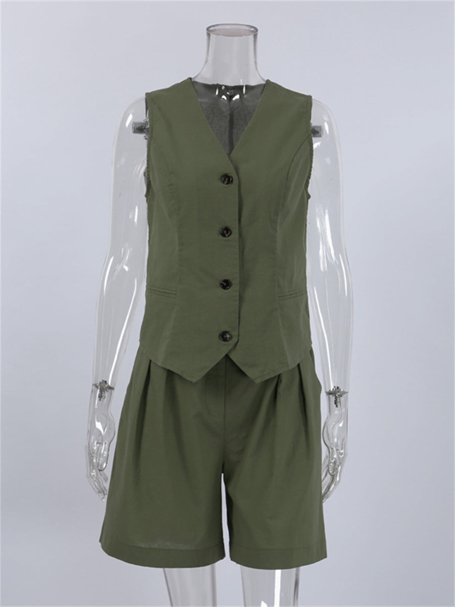 Liber summer women's daily casual solid color V-neck two-piece suit