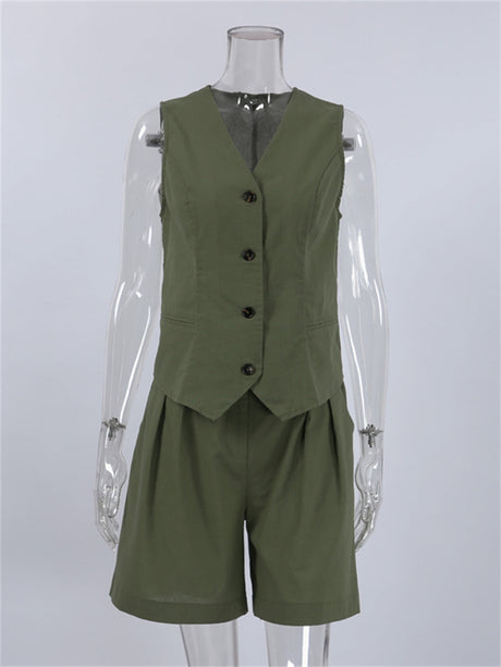Liber summer women's daily casual solid color V-neck two-piece suit