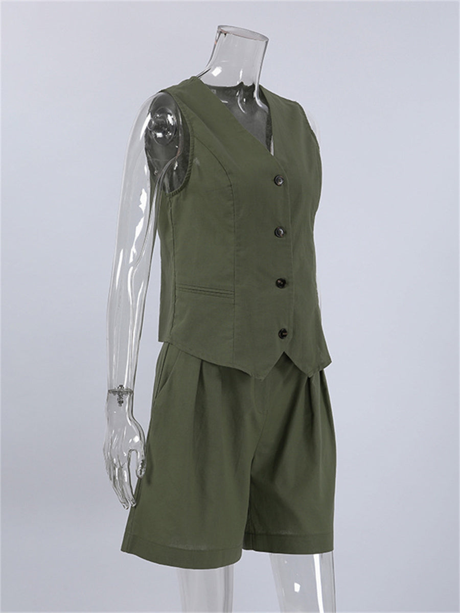 Liber summer women's daily casual solid color V-neck two-piece suit