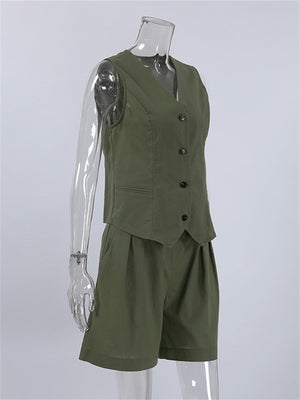 Liber summer women's daily casual solid color V-neck two-piece suit