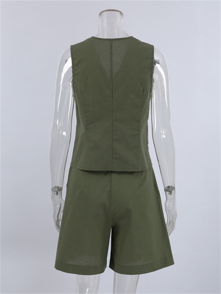 Liber summer women's daily casual solid color V-neck two-piece suit