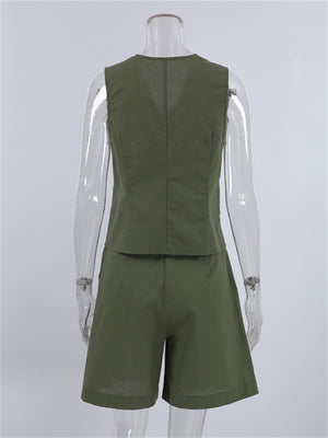 Liber summer women's daily casual solid color V-neck two-piece suit