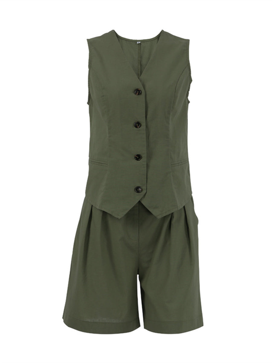 Liber summer women's daily casual solid color V-neck two-piece suit