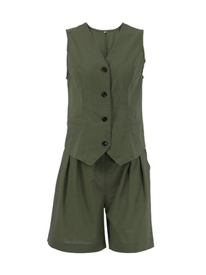 Liber summer women's daily casual solid color V-neck two-piece suit