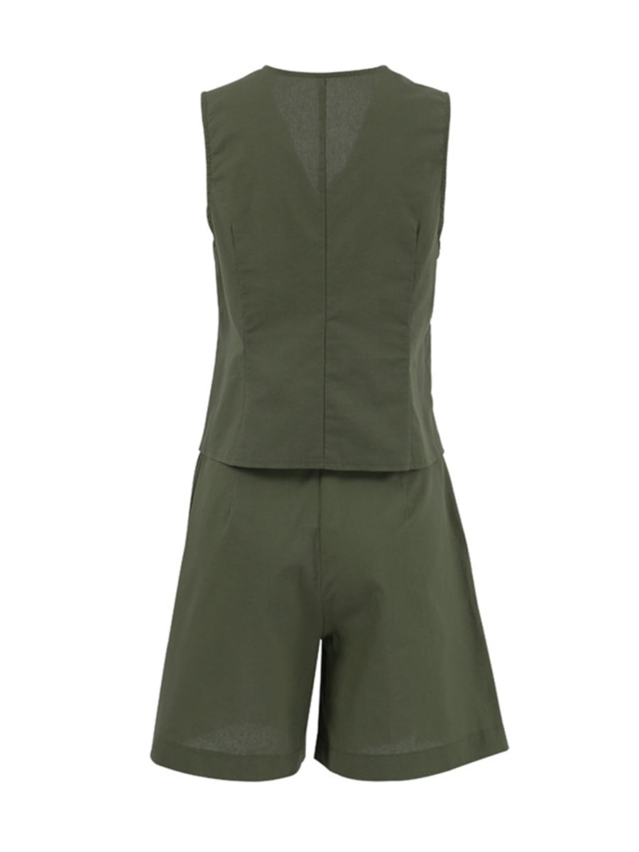 Liber summer women's daily casual solid color V-neck two-piece suit