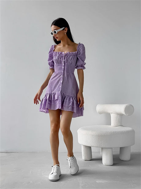 Liber Summer Women's Pastoral Striped Square Neck Puff Sleeve Slim Dress