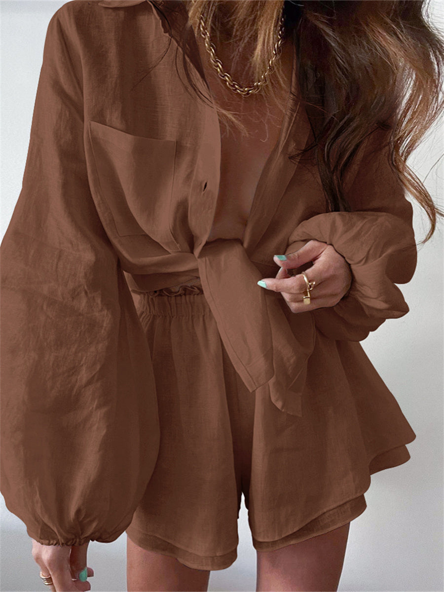 Liber summer women's clothing daily casual solid color turn-up collar long sleeve loose two-piece suit