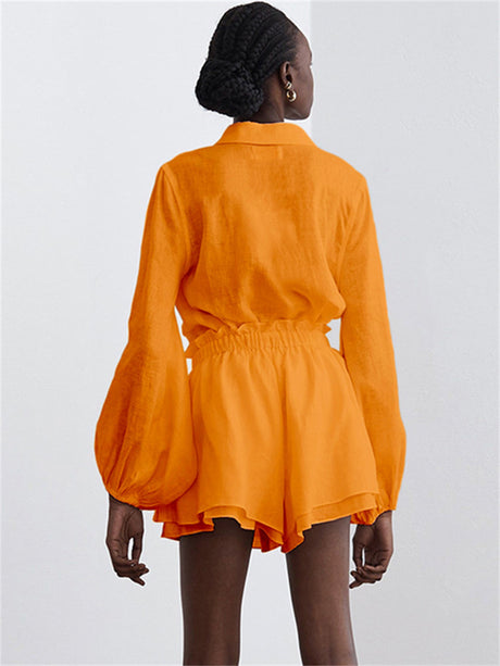 Liber summer women's clothing daily casual solid color turn-up collar long sleeve loose two-piece suit