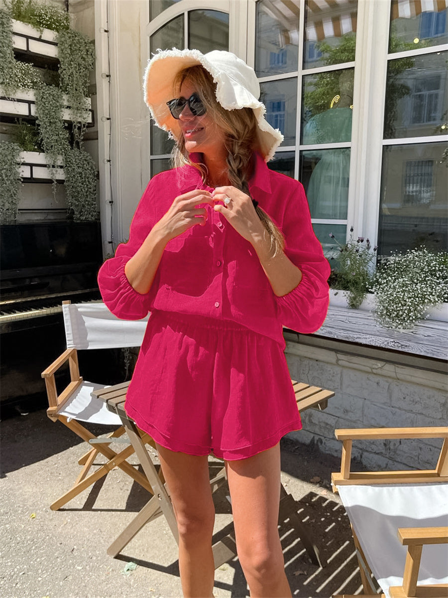 Liber summer women's clothing daily casual solid color turn-up collar long sleeve loose two-piece suit
