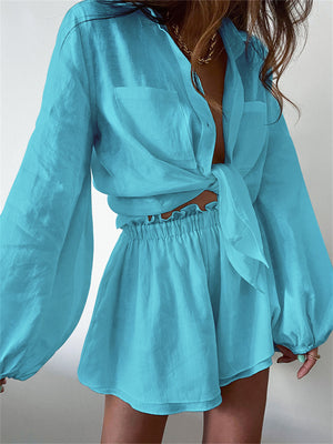 Liber summer women's clothing daily casual solid color turn-up collar long sleeve loose two-piece suit