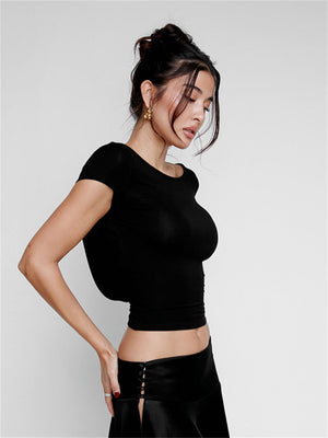 Liber Summer Women's Boudoir Ballet Solid Color Round Neck Slim Fit T-Shirt