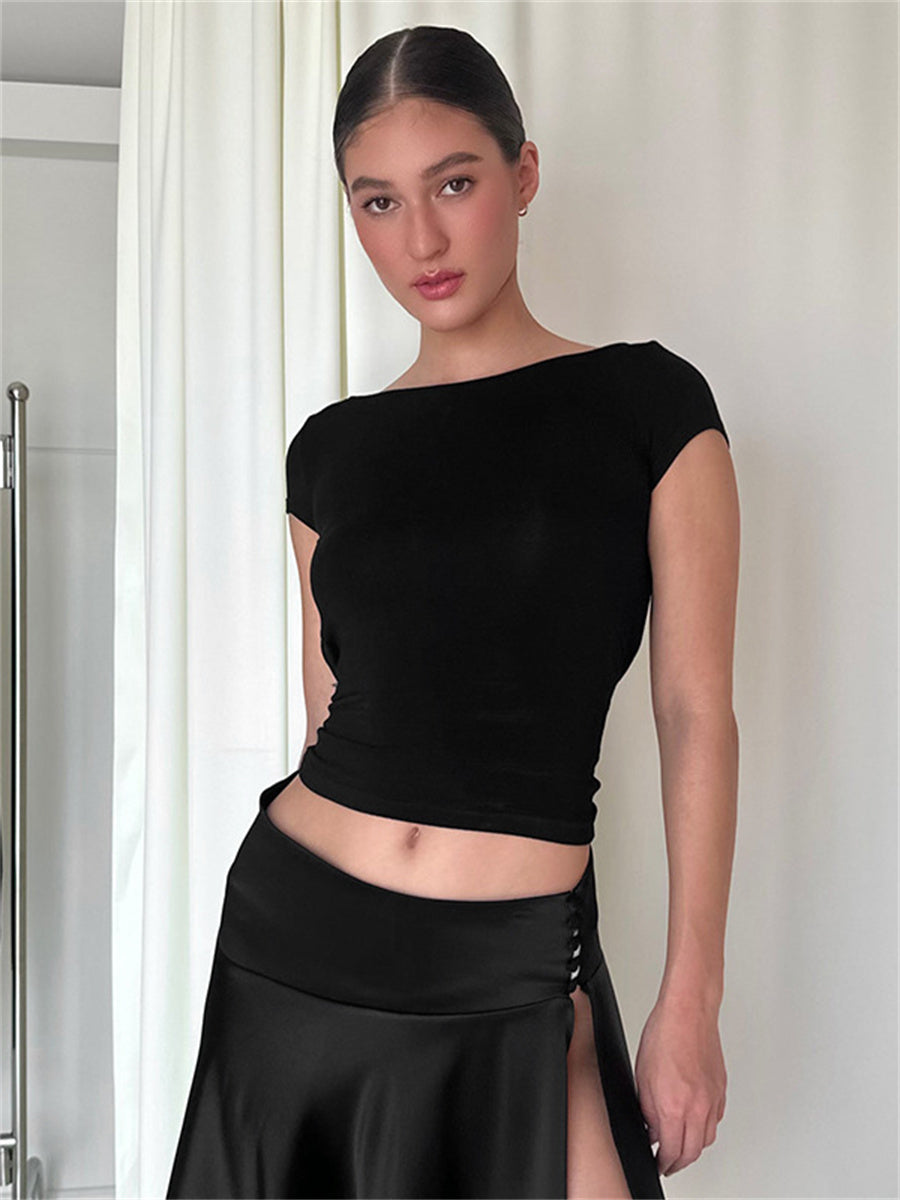 Liber Summer Women's Boudoir Ballet Solid Color Round Neck Slim Fit T-Shirt