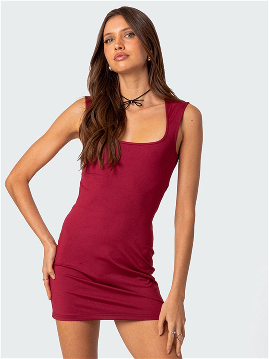 Liber Summer Women's Daily Casual Solid Color Square Neck Sleeveless Slim Dress