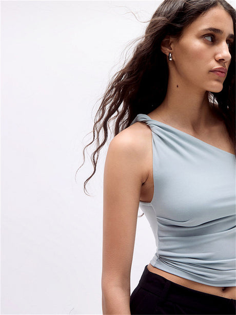 Liber summer women's daily casual solid color oblique collar sleeveless slim T-shirt