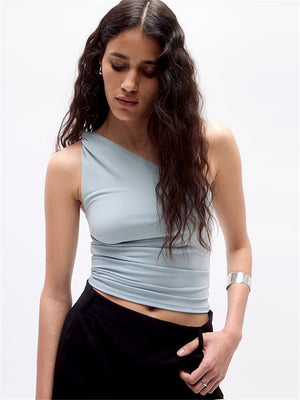 Liber summer women's daily casual solid color oblique collar sleeveless slim T-shirt