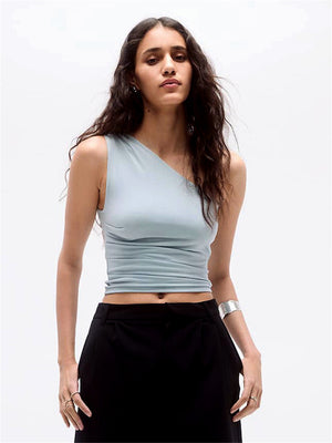 Liber summer women's daily casual solid color oblique collar sleeveless slim T-shirt