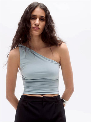 Liber summer women's daily casual solid color oblique collar sleeveless slim T-shirt