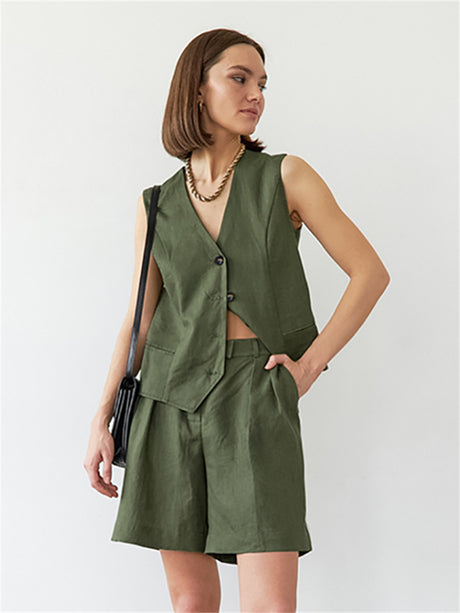 Liber summer women's daily casual solid color V-neck two-piece suit