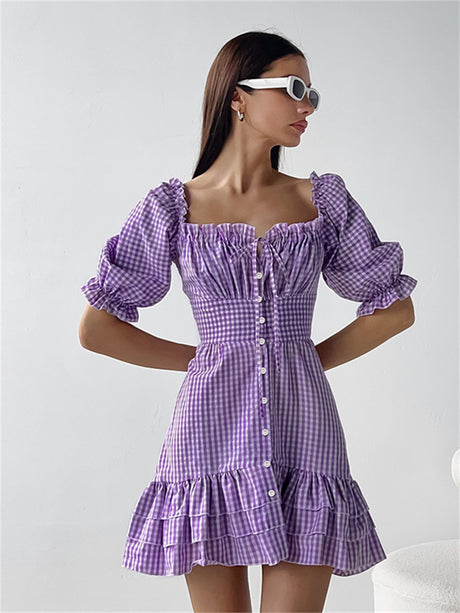 Liber Summer Women's Pastoral Striped Square Neck Puff Sleeve Slim Dress