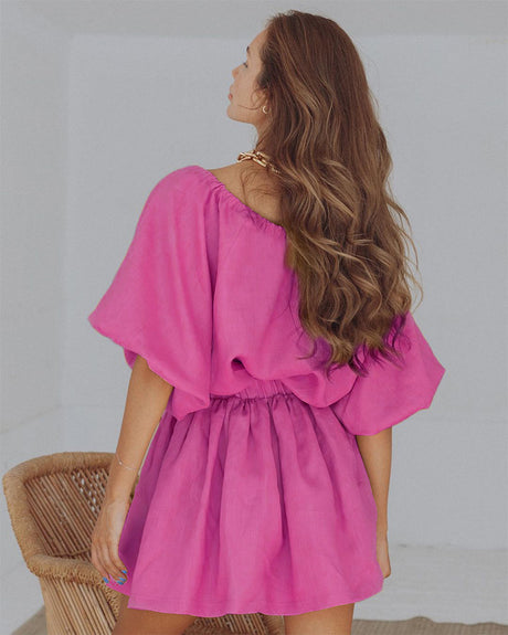 Liber summer women's daily casual solid color V-neck puff sleeve two-piece suit