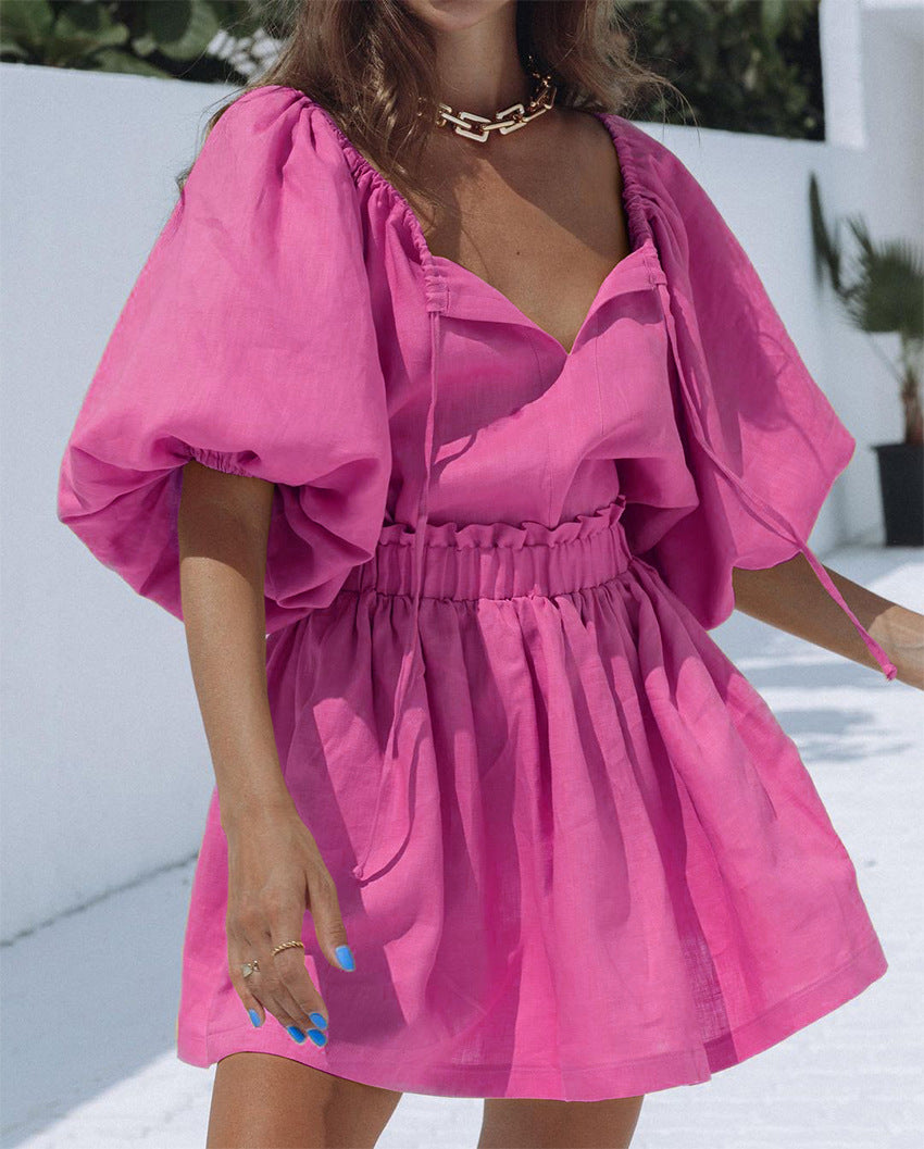 Liber summer women's daily casual solid color V-neck puff sleeve two-piece suit