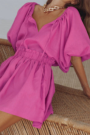 Liber summer women's daily casual solid color V-neck puff sleeve two-piece suit