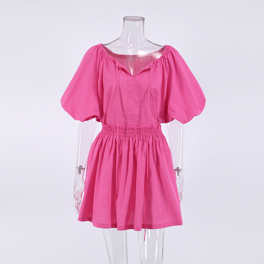 Liber summer women's daily casual solid color V-neck puff sleeve two-piece suit