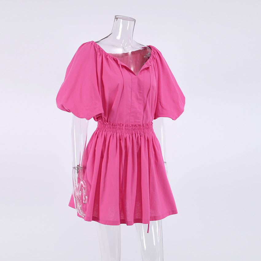 Liber summer women's daily casual solid color V-neck puff sleeve two-piece suit