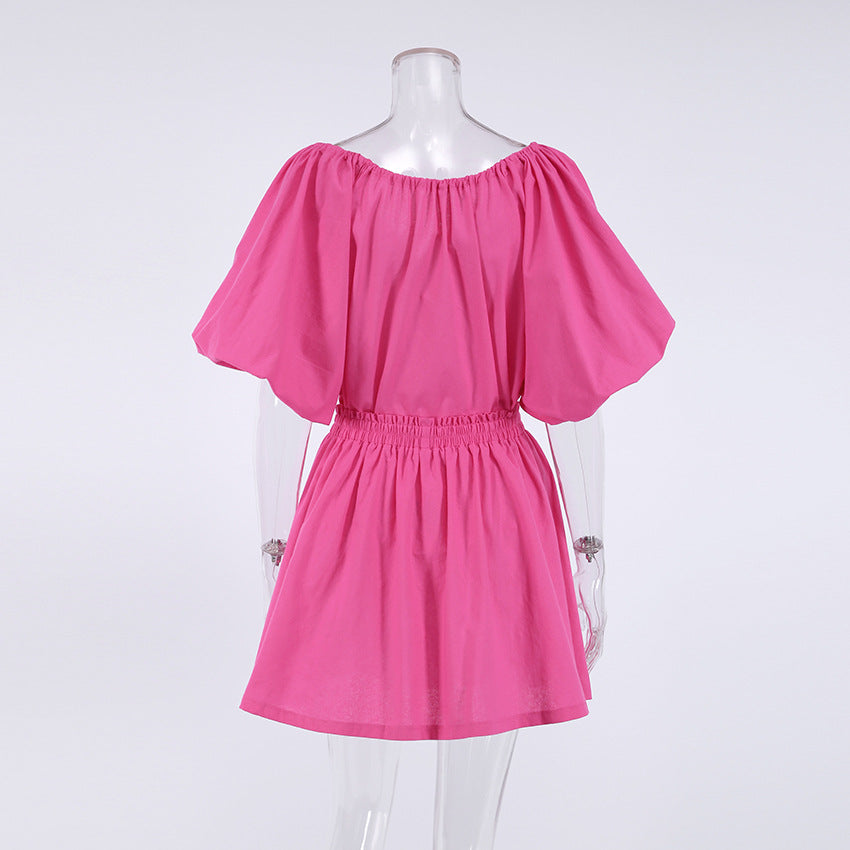 Liber summer women's daily casual solid color V-neck puff sleeve two-piece suit