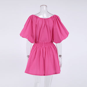 Liber summer women's daily casual solid color V-neck puff sleeve two-piece suit