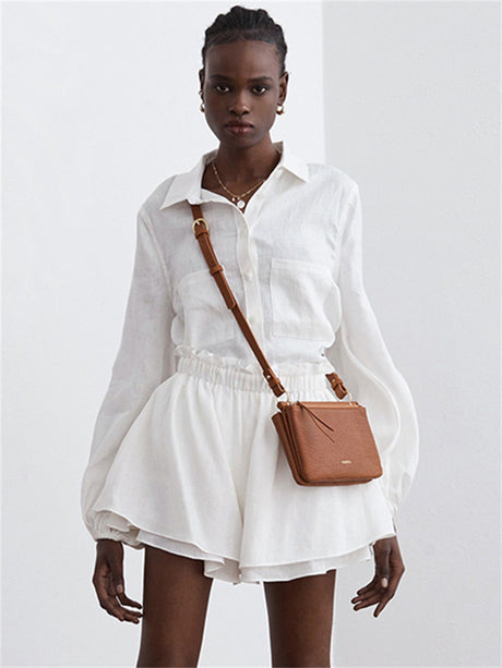Liber summer women's clothing daily casual solid color turn-up collar long sleeve loose two-piece suit