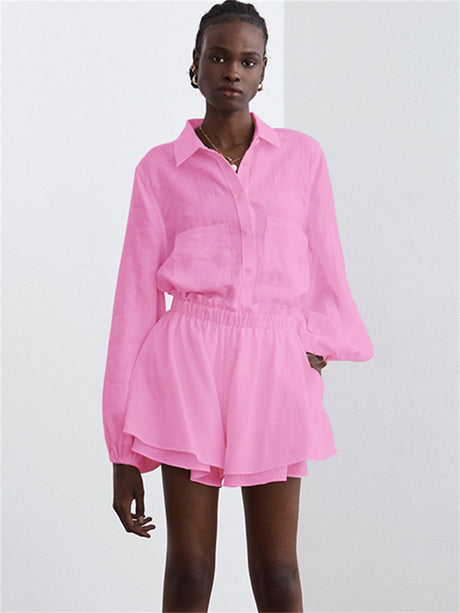 Liber summer women's clothing daily casual solid color turn-up collar long sleeve loose two-piece suit