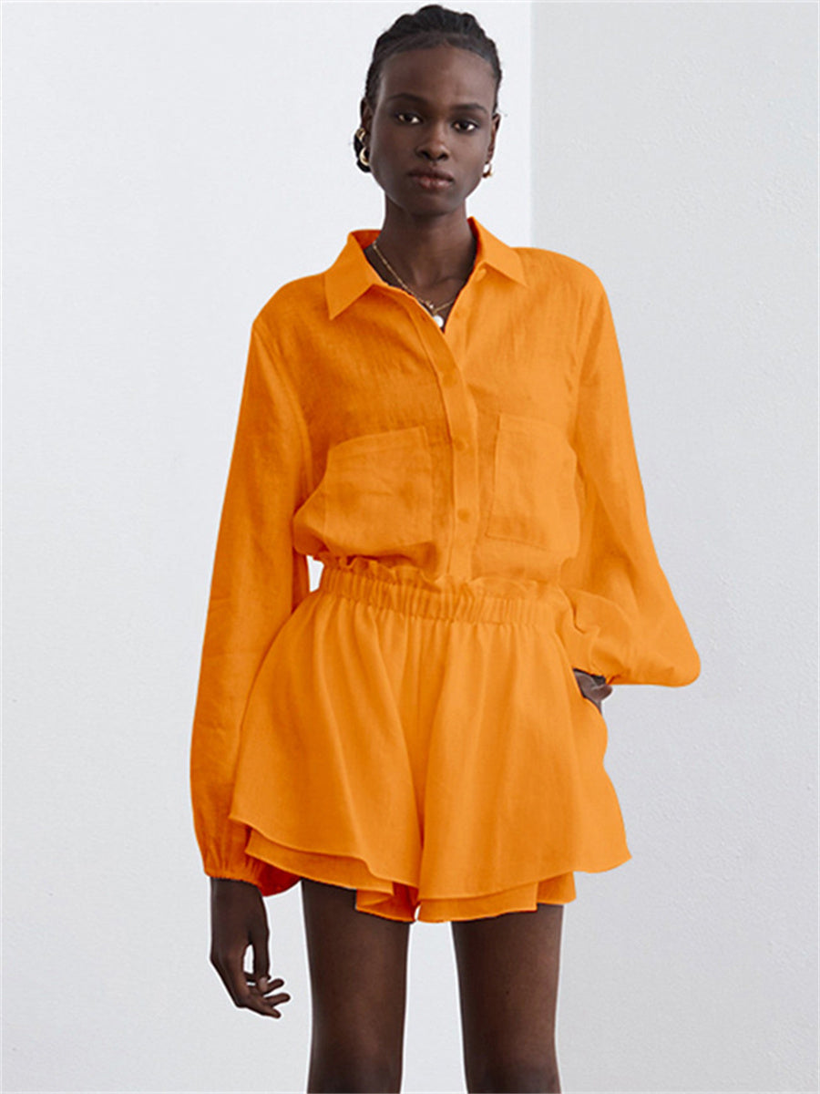 Liber summer women's clothing daily casual solid color turn-up collar long sleeve loose two-piece suit