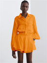 Liber summer women's clothing daily casual solid color turn-up collar long sleeve loose two-piece suit