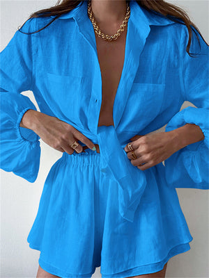 Liber summer women's clothing daily casual solid color turn-up collar long sleeve loose two-piece suit