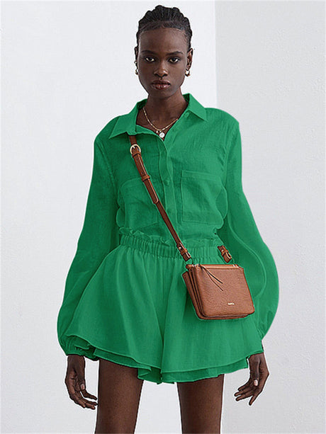 Liber summer women's clothing daily casual solid color turn-up collar long sleeve loose two-piece suit