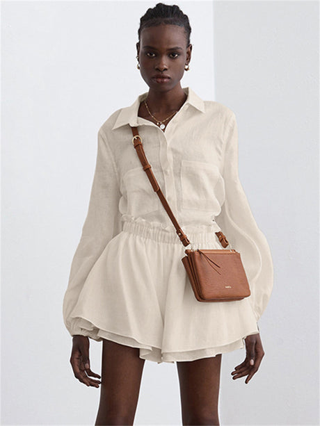 Liber summer women's clothing daily casual solid color turn-up collar long sleeve loose two-piece suit