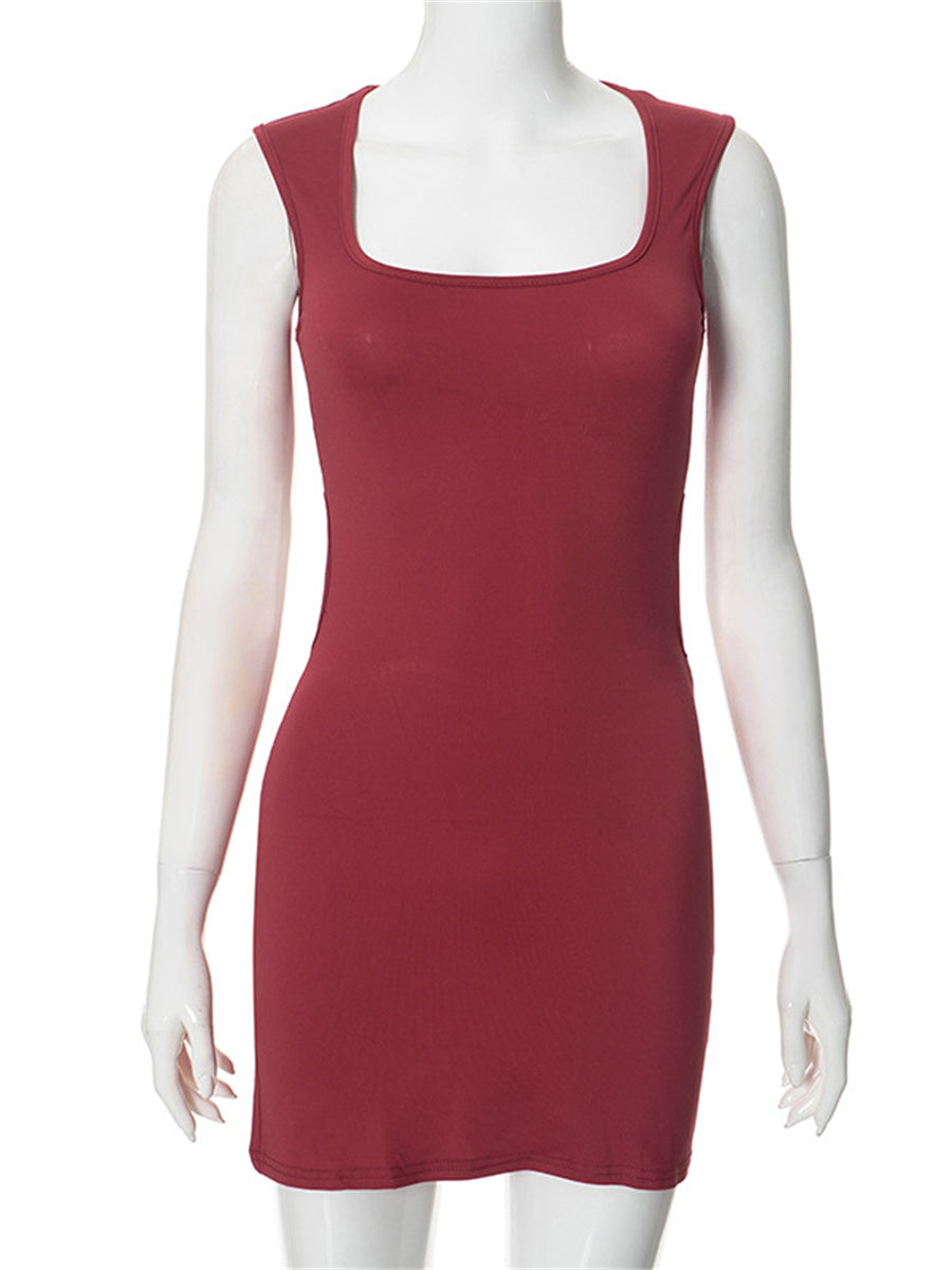 Liber Summer Women's Daily Casual Solid Color Square Neck Sleeveless Slim Dress