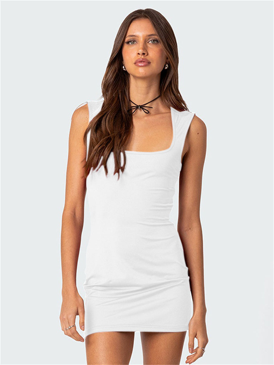 Liber Summer Women's Daily Casual Solid Color Square Neck Sleeveless Slim Dress