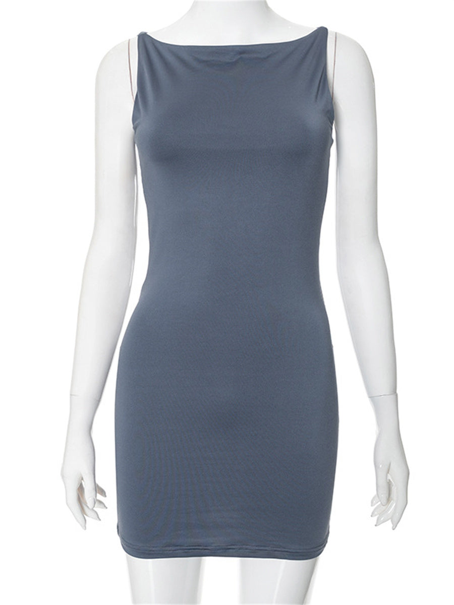 Liber summer women's daily casual solid color round neck sleeveless slim dress