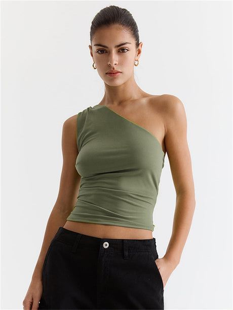 Liber summer women's daily casual solid color oblique collar sleeveless slim T-shirt
