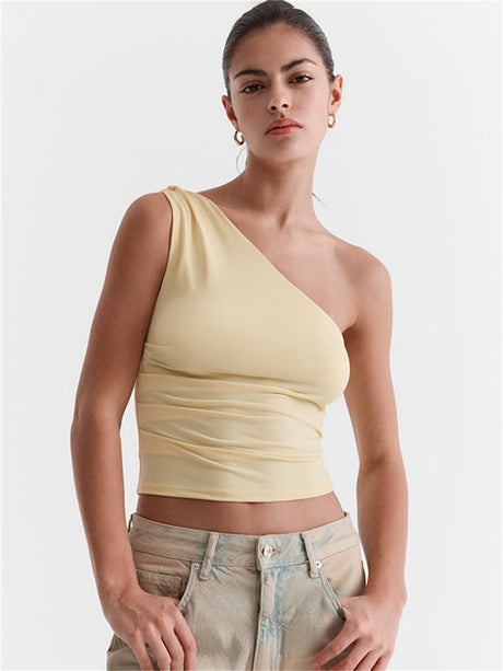 Liber summer women's daily casual solid color oblique collar sleeveless slim T-shirt