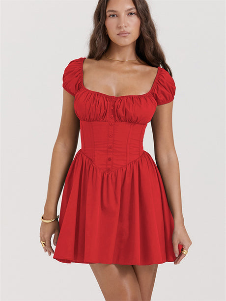 Liber summer women's daily casual solid color square neck short sleeve slim dress