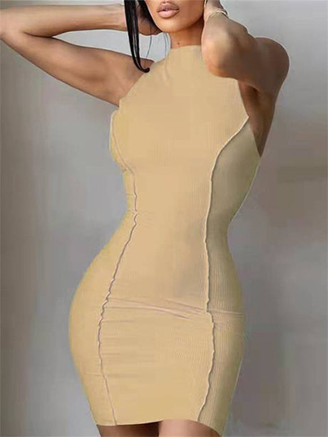 Liber summer women's daily casual solid color round neck sleeveless slim dress