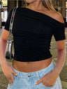 Liber summer women's daily casual solid color oblique collar short-sleeved slim T-shirt
