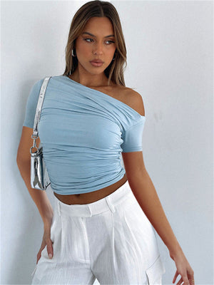 Liber summer women's daily casual solid color oblique collar short-sleeved slim T-shirt
