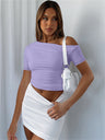 Liber summer women's daily casual solid color oblique collar short-sleeved slim T-shirt