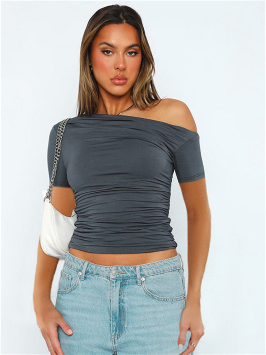 Liber summer women's daily casual solid color oblique collar short-sleeved slim T-shirt