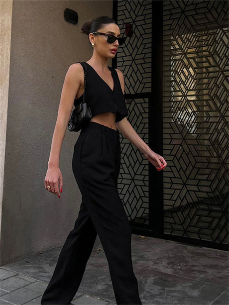 Liber summer women's daily casual solid color V-neck sleeveless two-piece suit